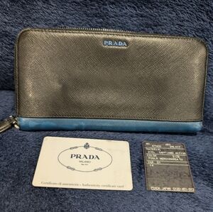 Prada Black/Blue Saffiano Leather logo zip around Long Wallet WITH COA